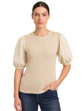 WHO WHAT WEAR Small Beige Cotton Ribbed Shirt Short Puff Sleeve Elastic Cuffs